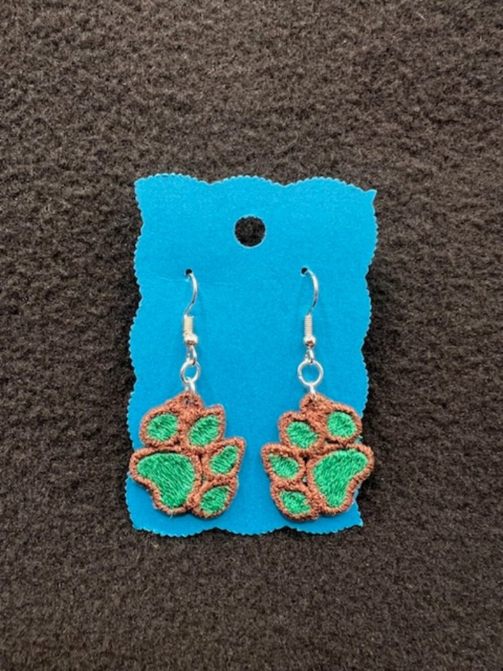 Homemade Brown & Green Paw Print Lace Earrings